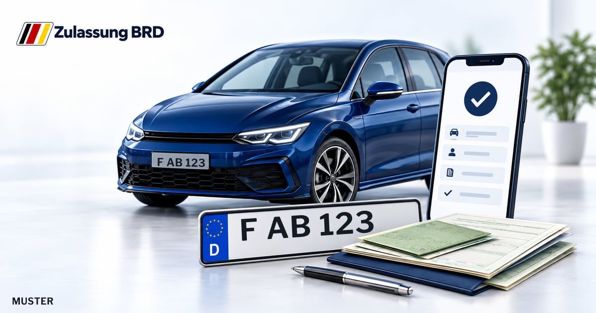 Online Fahrzeugzulassung in Frankfurt am Main: Musterkennzeichen F AB 123, Auto und Fahrzeugpapiere und Smartphone. Illustration mit Logo von Zulassung BRD.